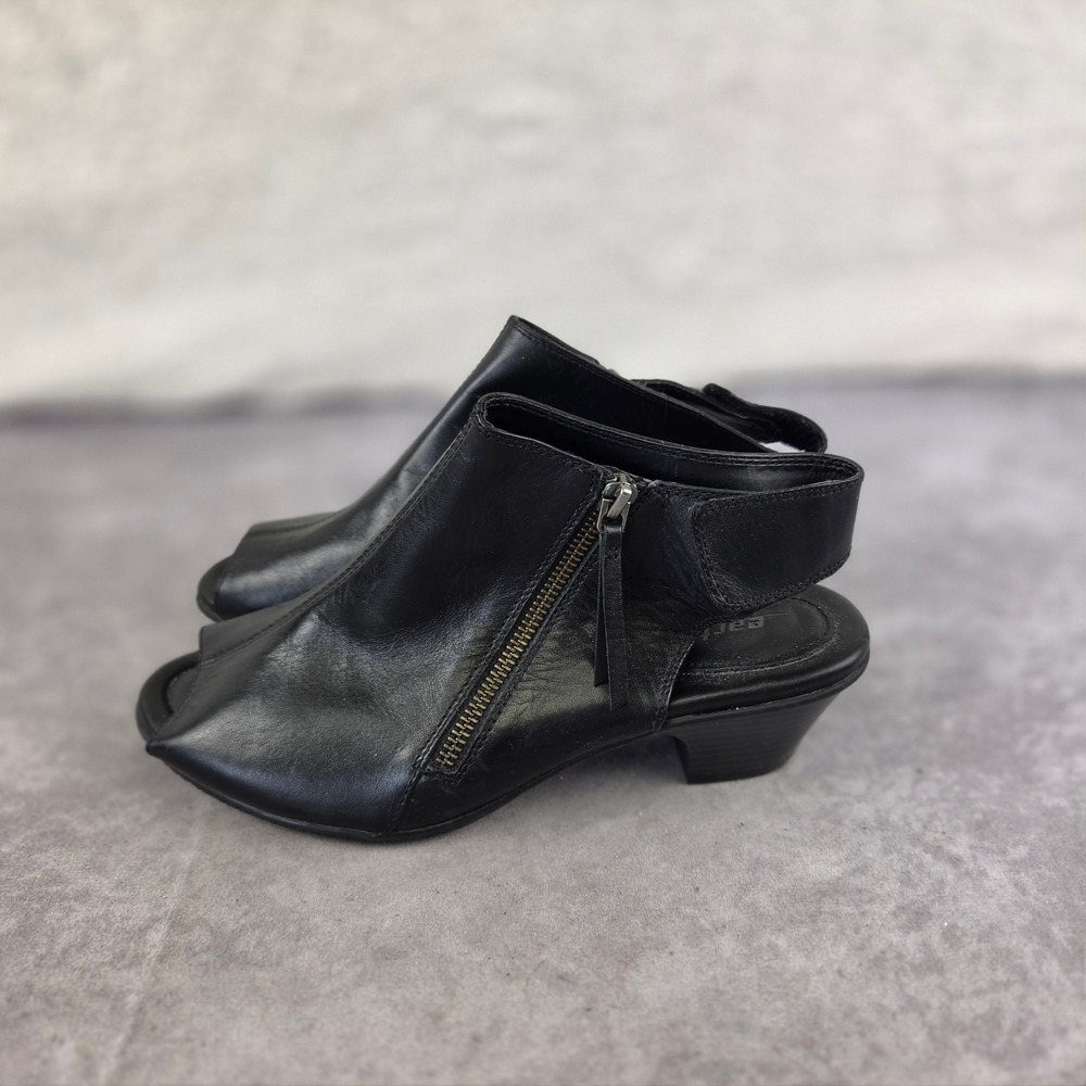 Earth Kristy Black Leather Peep Toe Slingback Sandals Side Zip Low Heel 9.5B